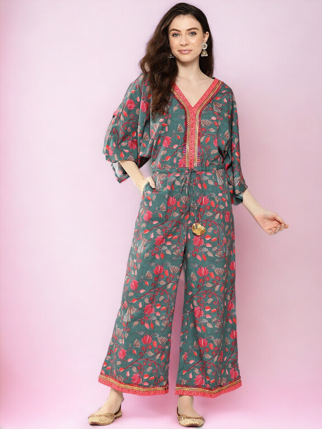 Ahalyaa Green Floral Printed Basic Jumpsuit with Lace Inserts Price in India