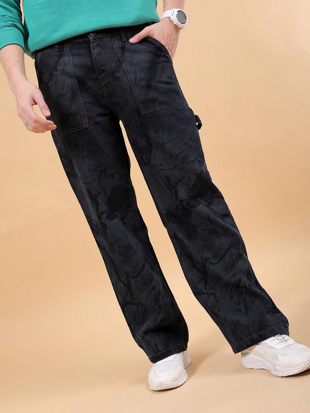 The Indian Garage Co Men Mid-Rise Laser Print Light Fade Carpenter Relaxed Fit Jeans