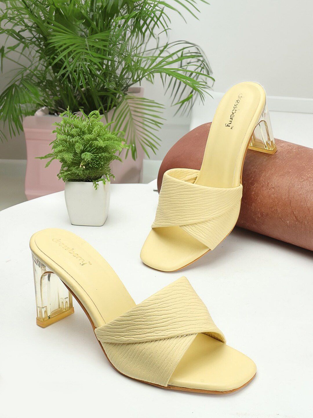 DressBerry Yellow Textured Open Toe Block Heels