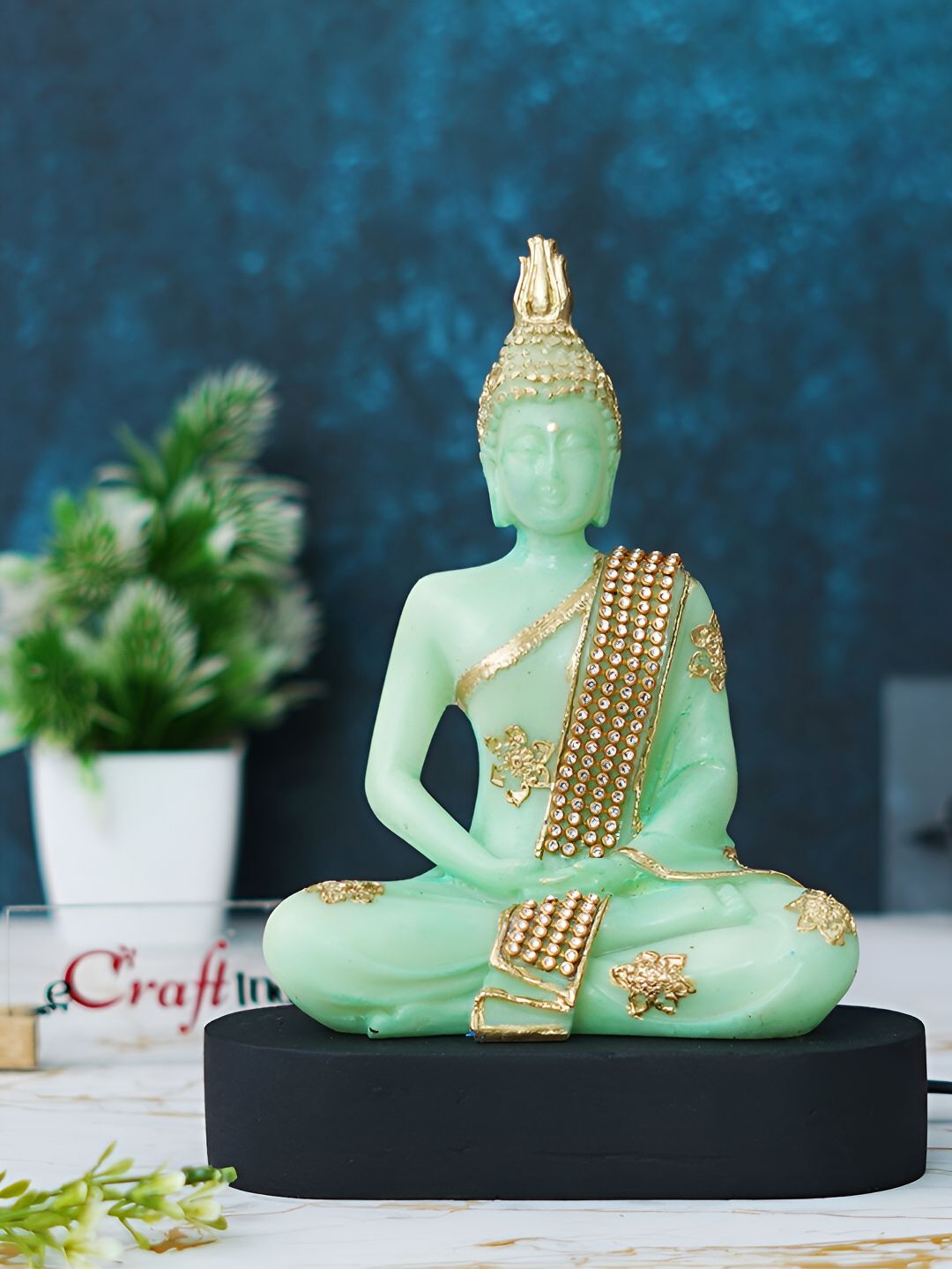 Artisyn Meditating Lord Buddha Green Polyresin Natural Living Room Hand-Crafted Medium Showpiece - 7.9 Inches