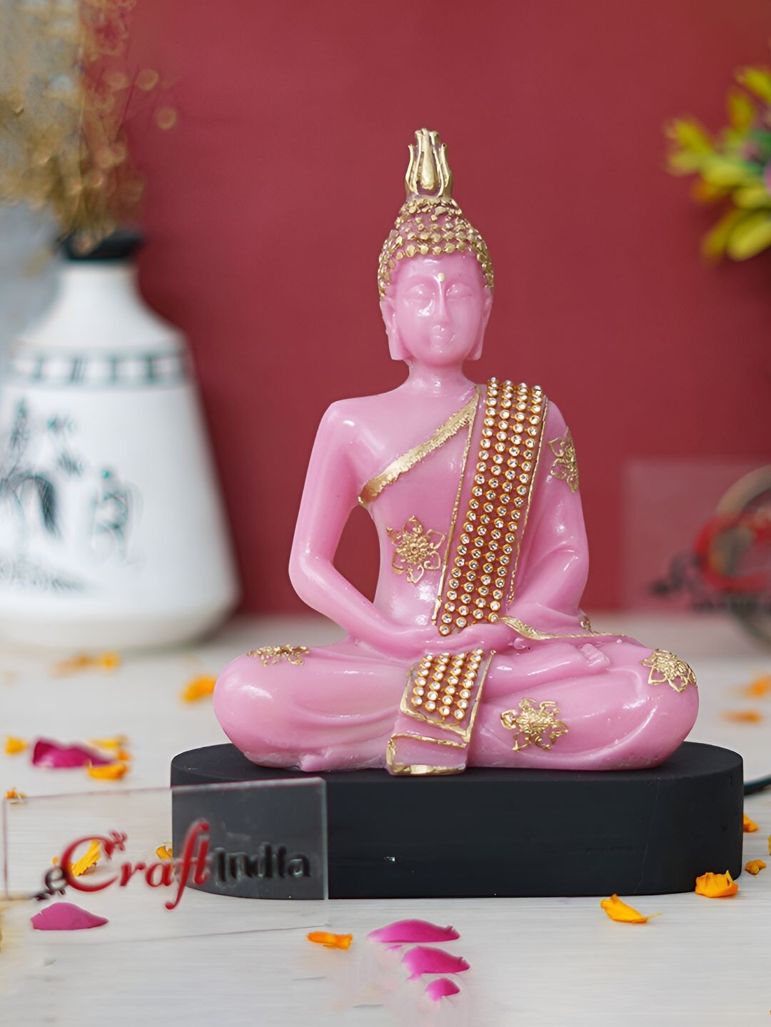 Artisyn Meditating Lord Buddha Pink Polyresin Glossy Living Room Hand-Crafted Medium Showpiece - 7.9 Inches