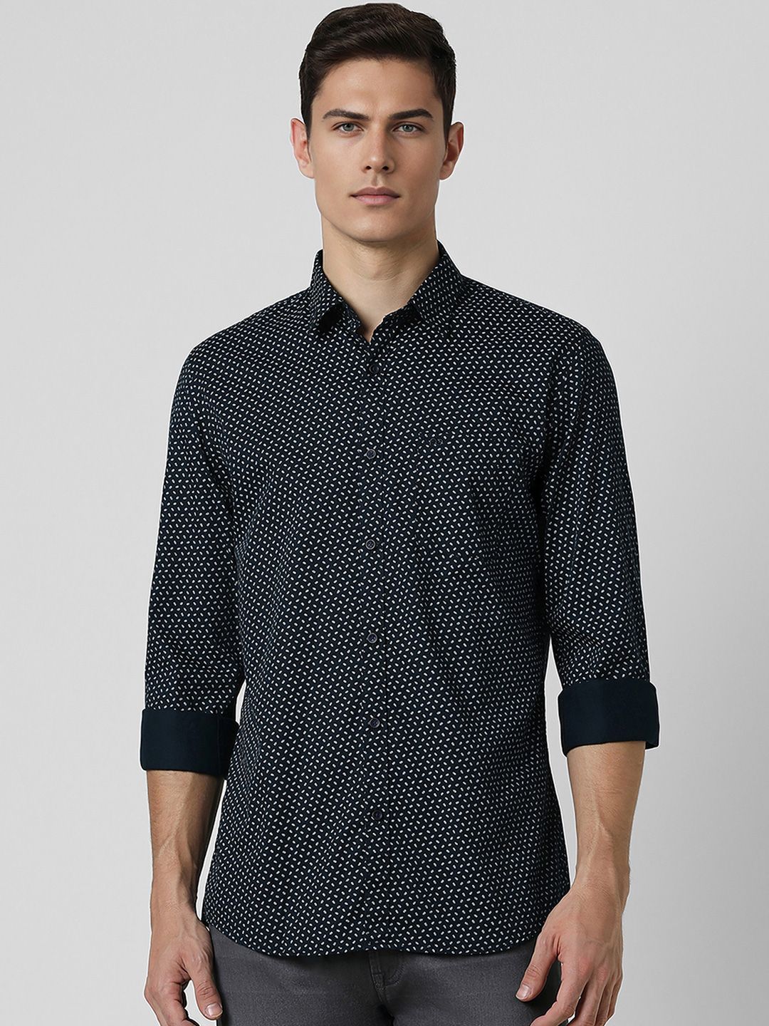 Peter England Casuals Men Navy Blue Slim Fit Opaque Printed Casual Shirt