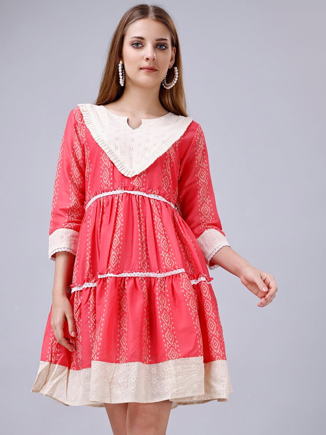 GoStyle V-Neck Ethnic Motifs Printed Knee Length Cotton Fit & Flare Dress Price in India