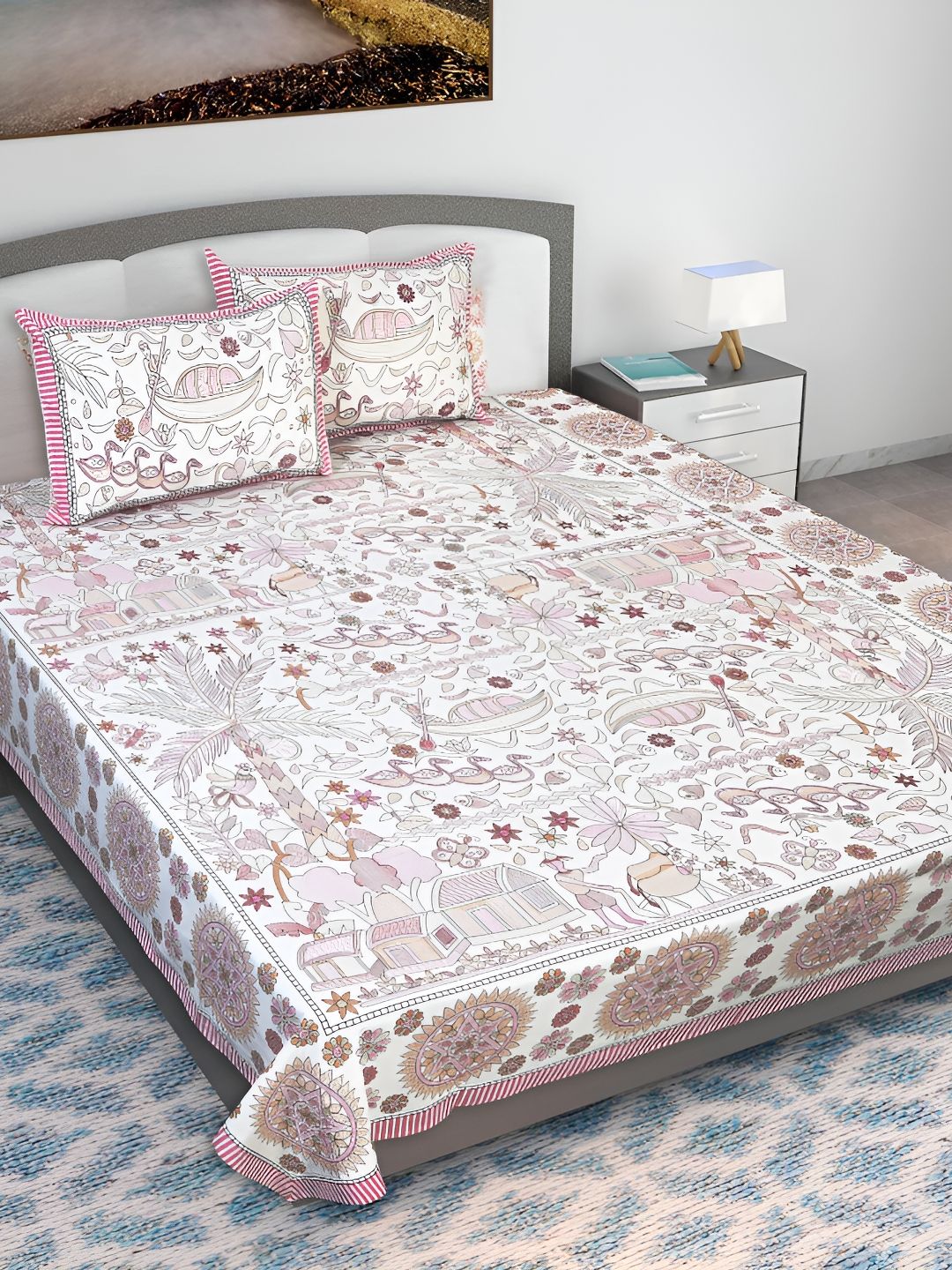 Texstylers Pink Floral Cotton 210 TC Queen Bedsheet with 2 Pillow Covers-87 x 106 inches