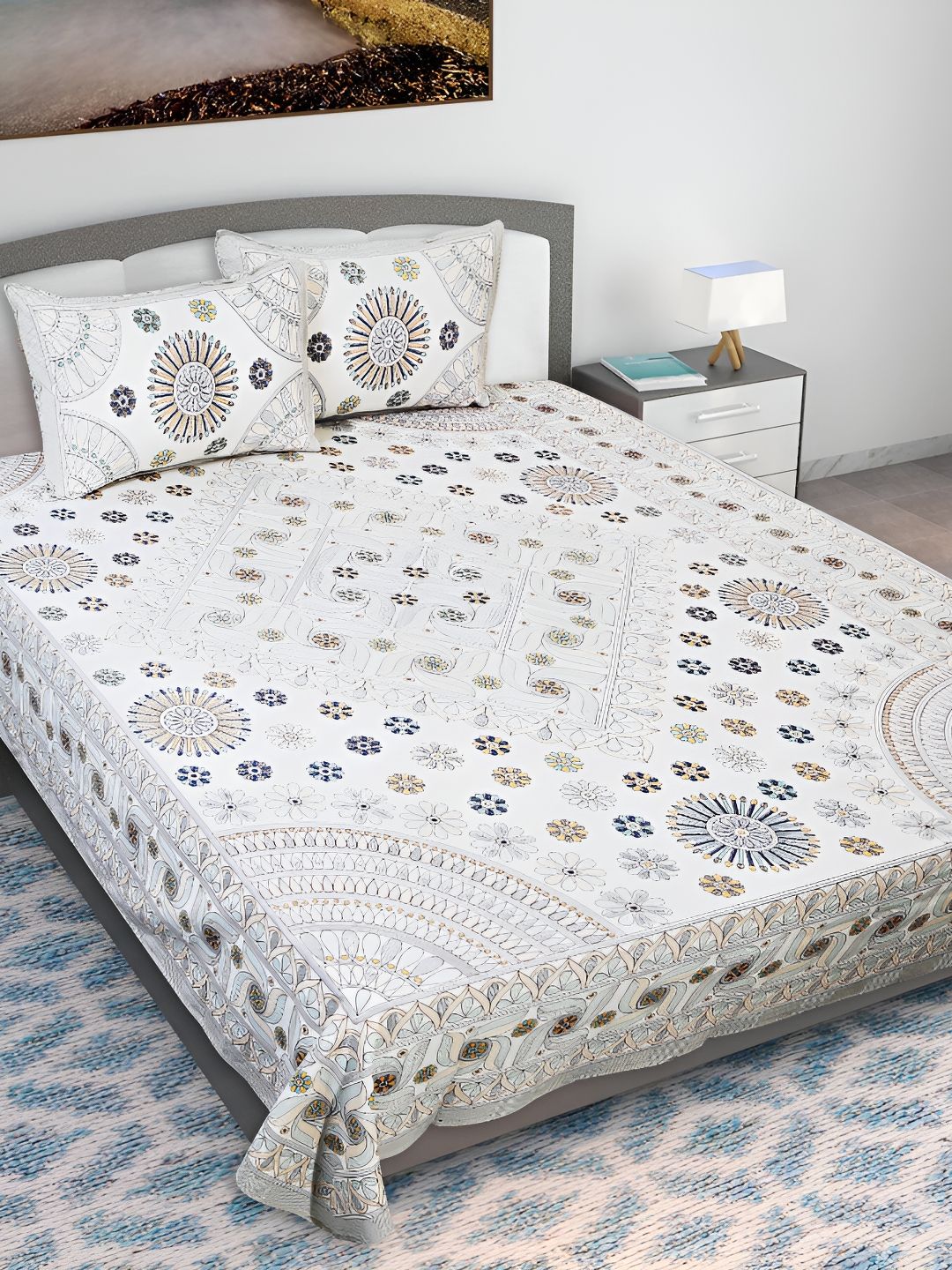 Texstylers Kantha Grey Floral Cotton 210 TC Queen Bedsheet with 2 Pillow Covers-87 x 106 inches