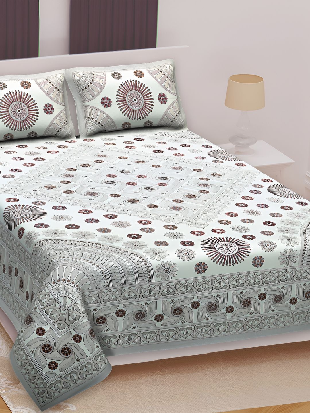 Texstylers Brown Floral Cotton 210 TC Queen Bedsheet with 2 Pillow Covers-220 x 270 cm