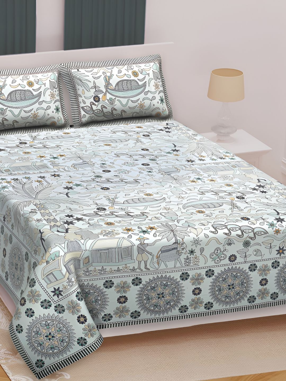Texstylers Kantha Grey Floral Cotton 210 TC Queen Bedsheet with 2 Pillow Covers-87 x 106 inches