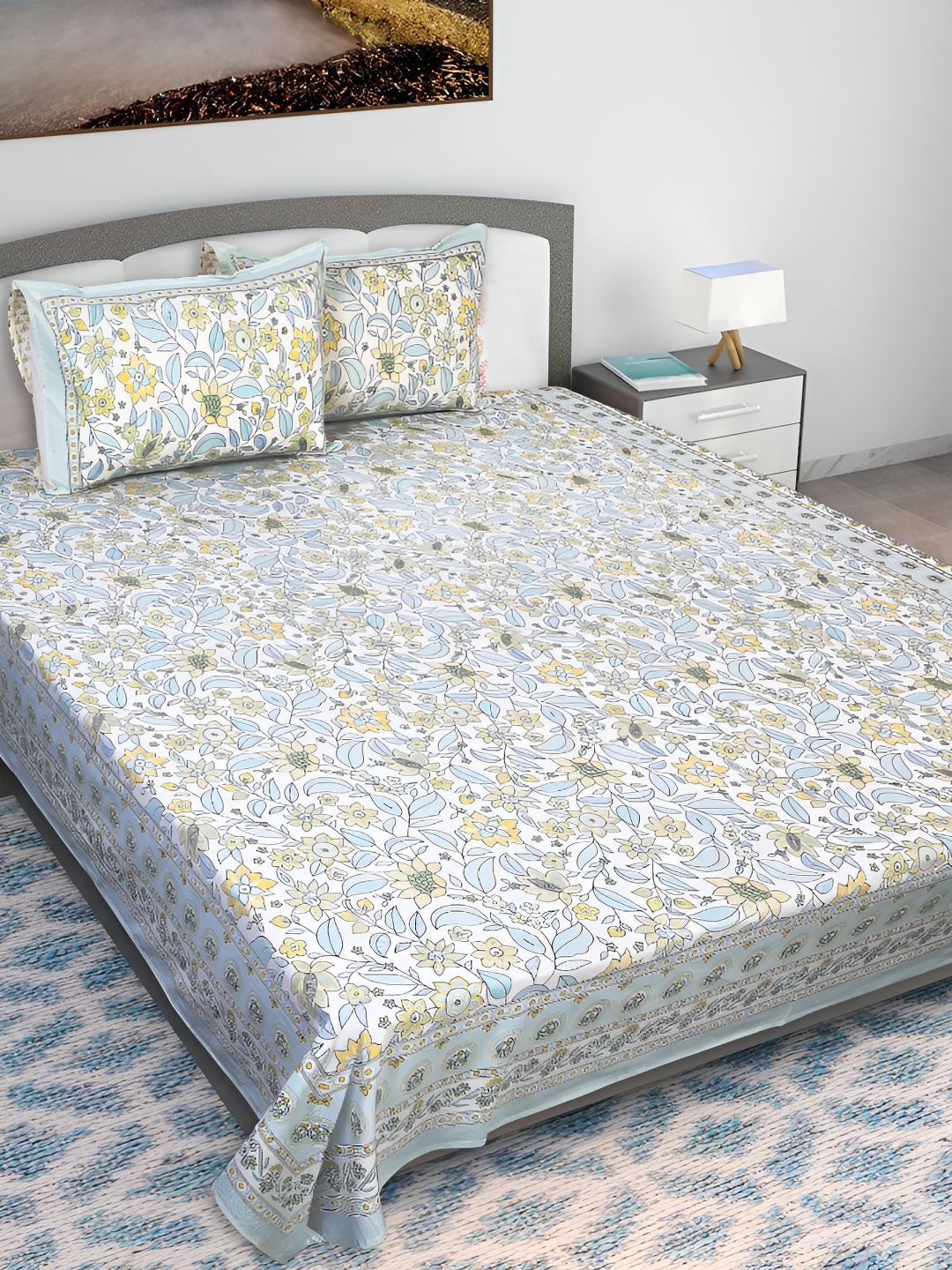 Texstylers Kantha Green Floral Cotton 210 TC Queen Bedsheet with 2 Pillow Covers-87 x 106 inches