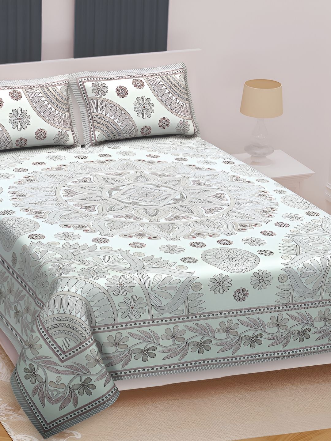 Texstylers Brown Floral Cotton 210 TC Queen Bedsheet with 2 Pillow Covers-220 x 270 cm