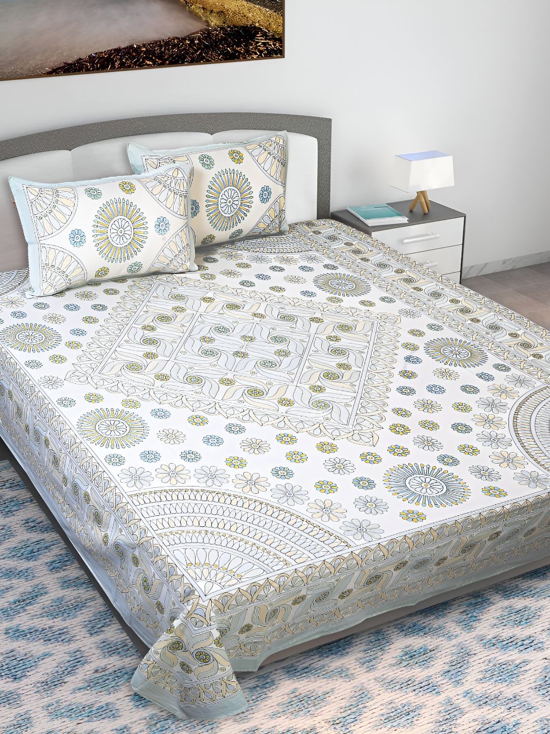 Texstylers Kantha Green Floral Cotton 210 TC Queen Bedsheet with 2 Pillow Covers-87 x 106 inches