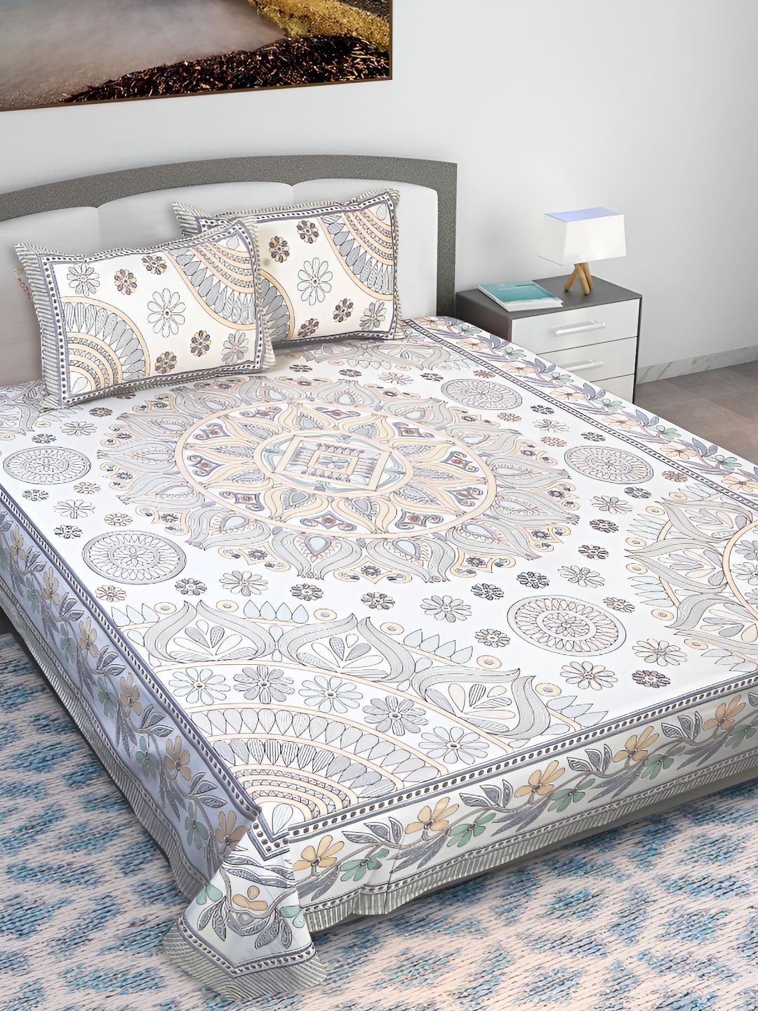 Texstylers Kantha Grey Floral Cotton 210 TC Queen Bedsheet with 2 Pillow Covers-87 x 106 inches