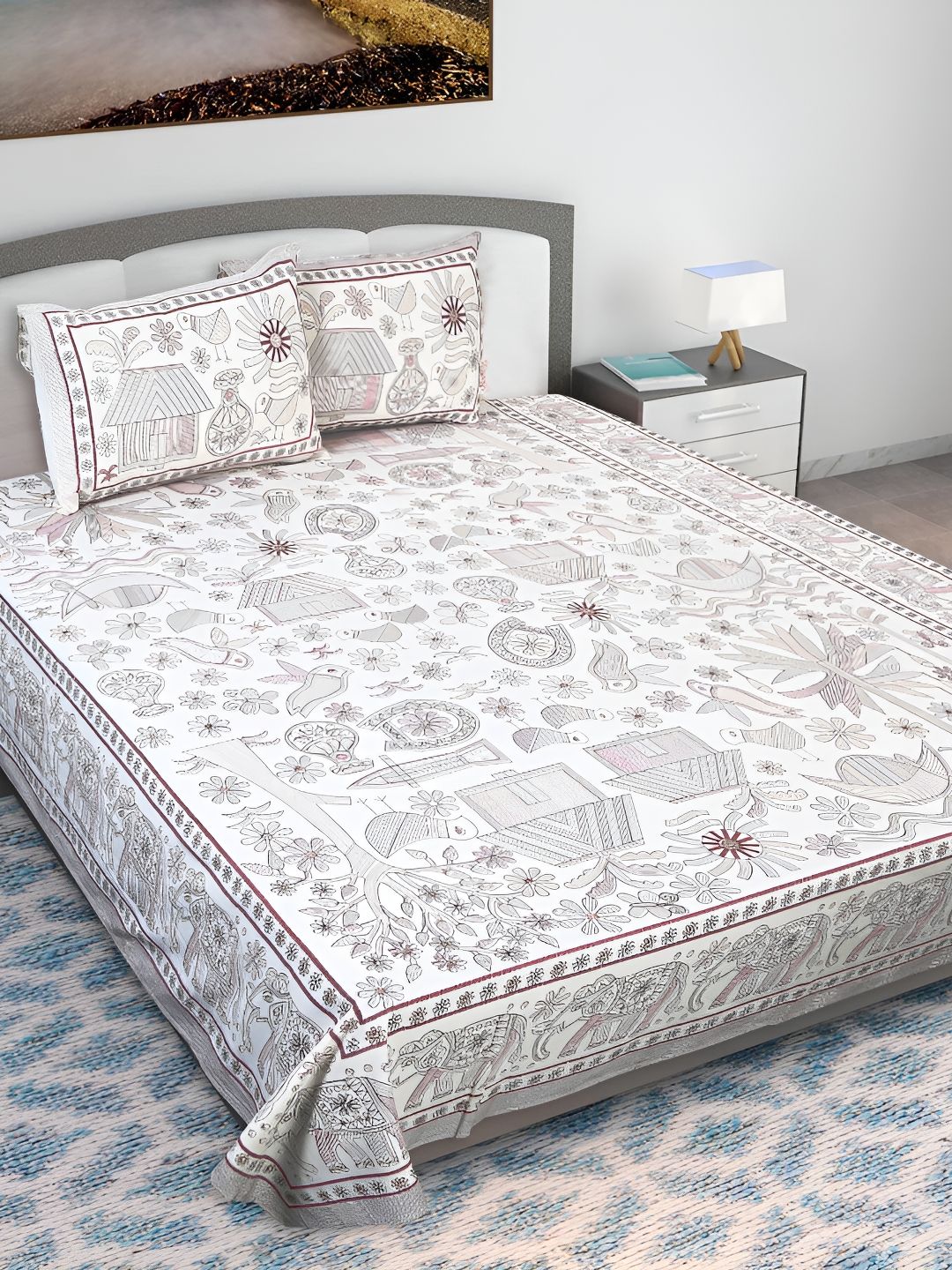 Texstylers Brown Ethnic Motifs Printed Cotton 210 TC Queen Bedsheet With 2 Pillow Covers