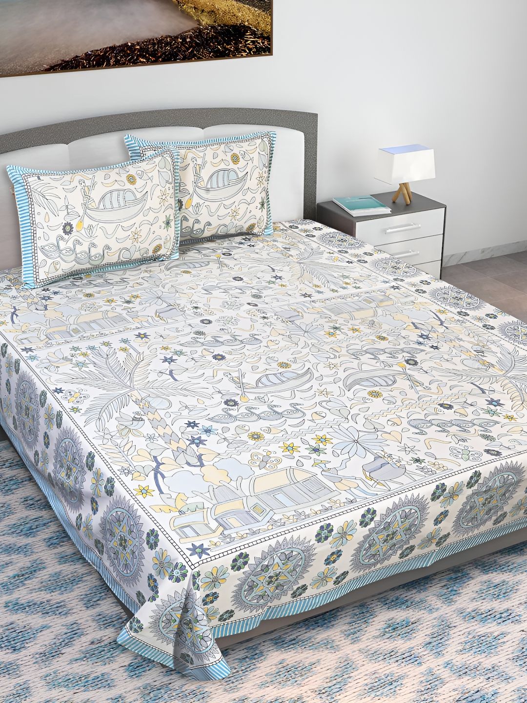 Texstylers Nectarsoft Green Ethnic Motifs Cotton 210 TC Queen Bedsheet with 2 Pillow Covers-87 x 106 inches