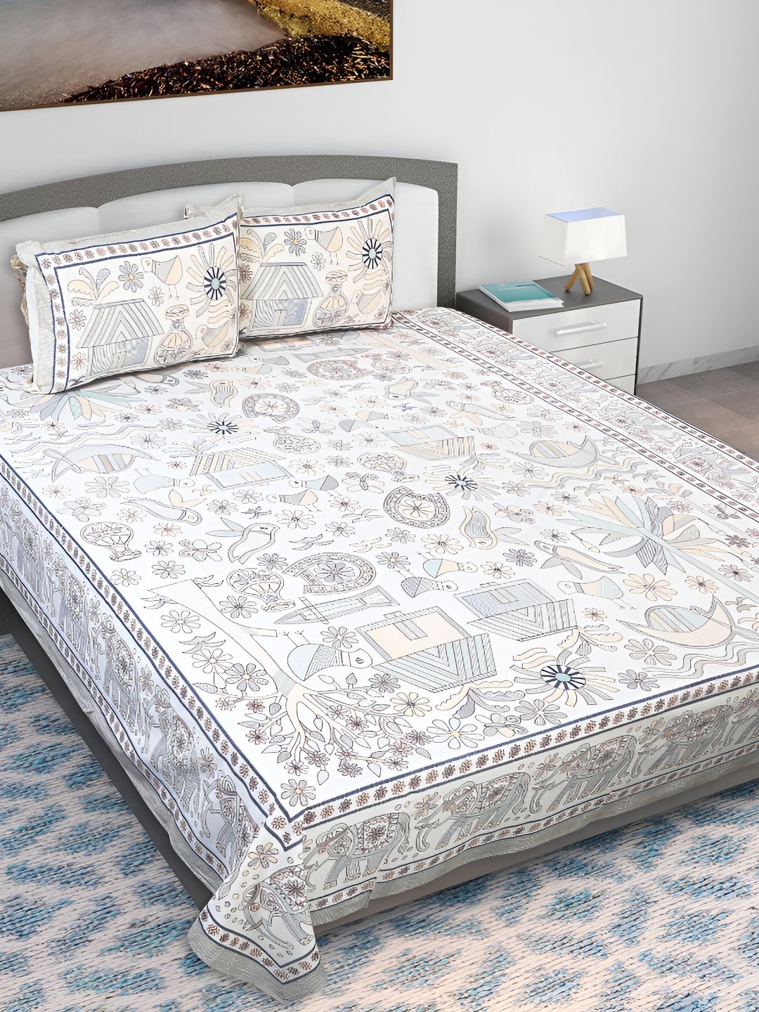 Texstylers Grey Ethnic Motifs Cotton 210 TC Queen Bedsheet with 2 Pillow Covers-220 x 270 cm