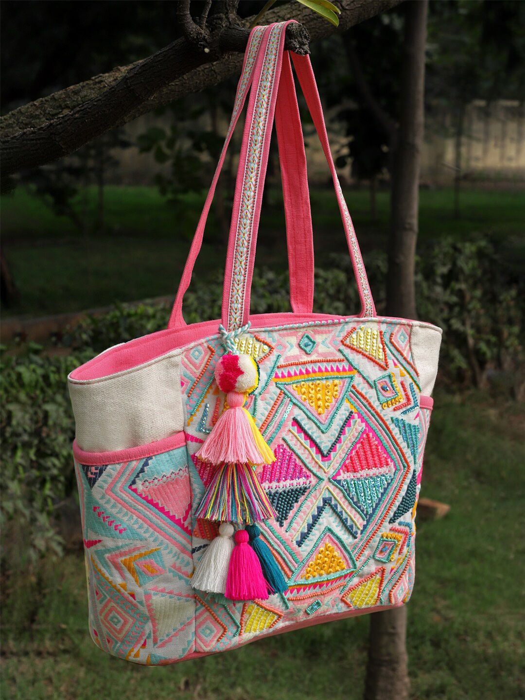 Anekaant Anekaant Geometric Embellished Jacquard Cotton Shopper Tote Bag With Tasseled