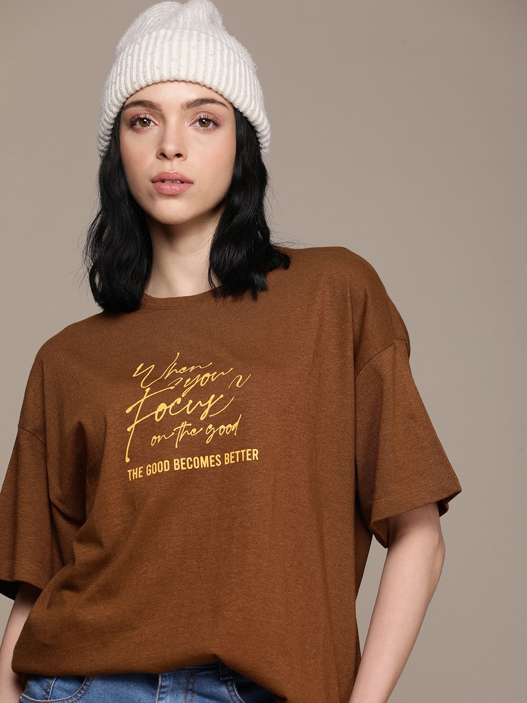 The Roadster Life Co. Typography Printed Drop-Shoulder Sleeves Oversized T-shirt
