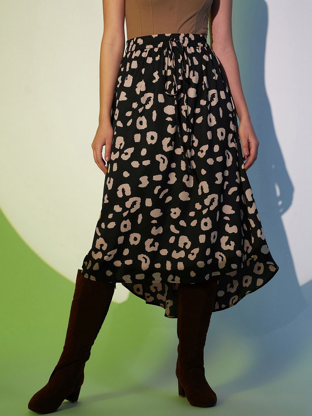 Berrylush Black Animal Printed A-Line Midi Skirt