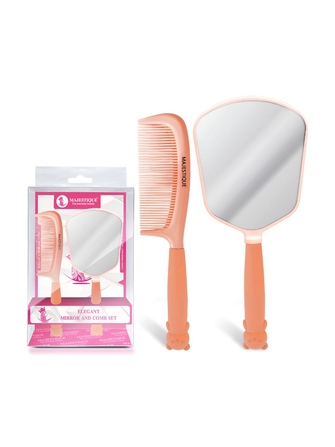 MAJESTIQUE Peach 2 Pieces Heat Resistant Detangling Comb & Hand Mirror