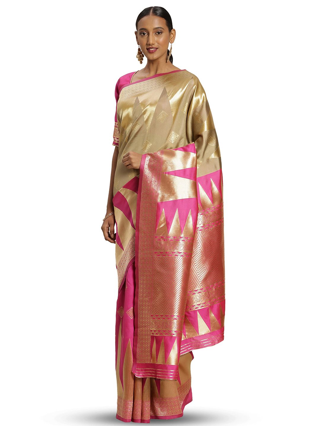 MANVAA Pink & Cream-Coloured Woven Design Zari Silk Blend Banarasi Saree Price in India
