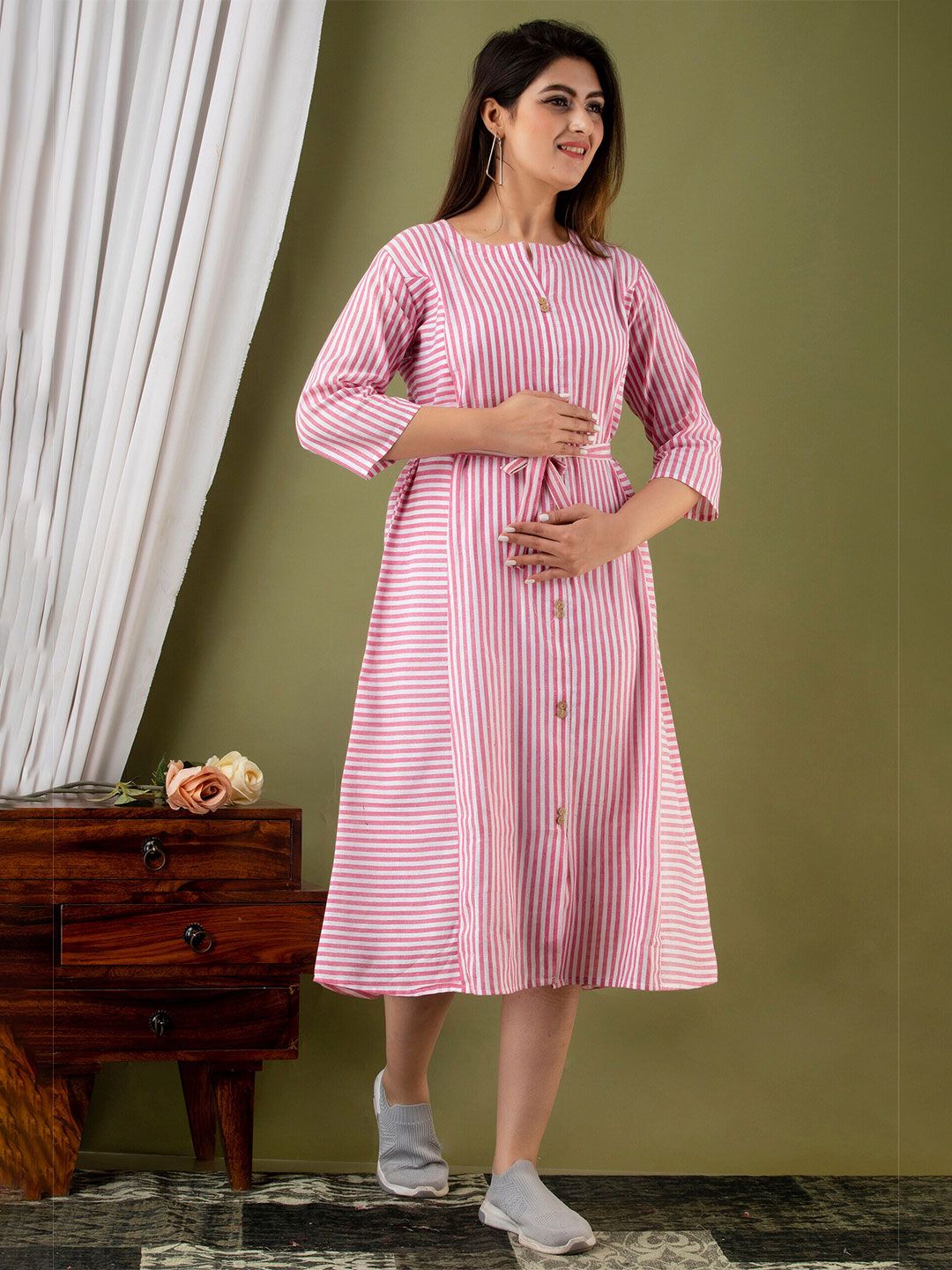 UNIBLISS Pink Striped Printed Maternity Cotton Midi A Line Dress Price in India