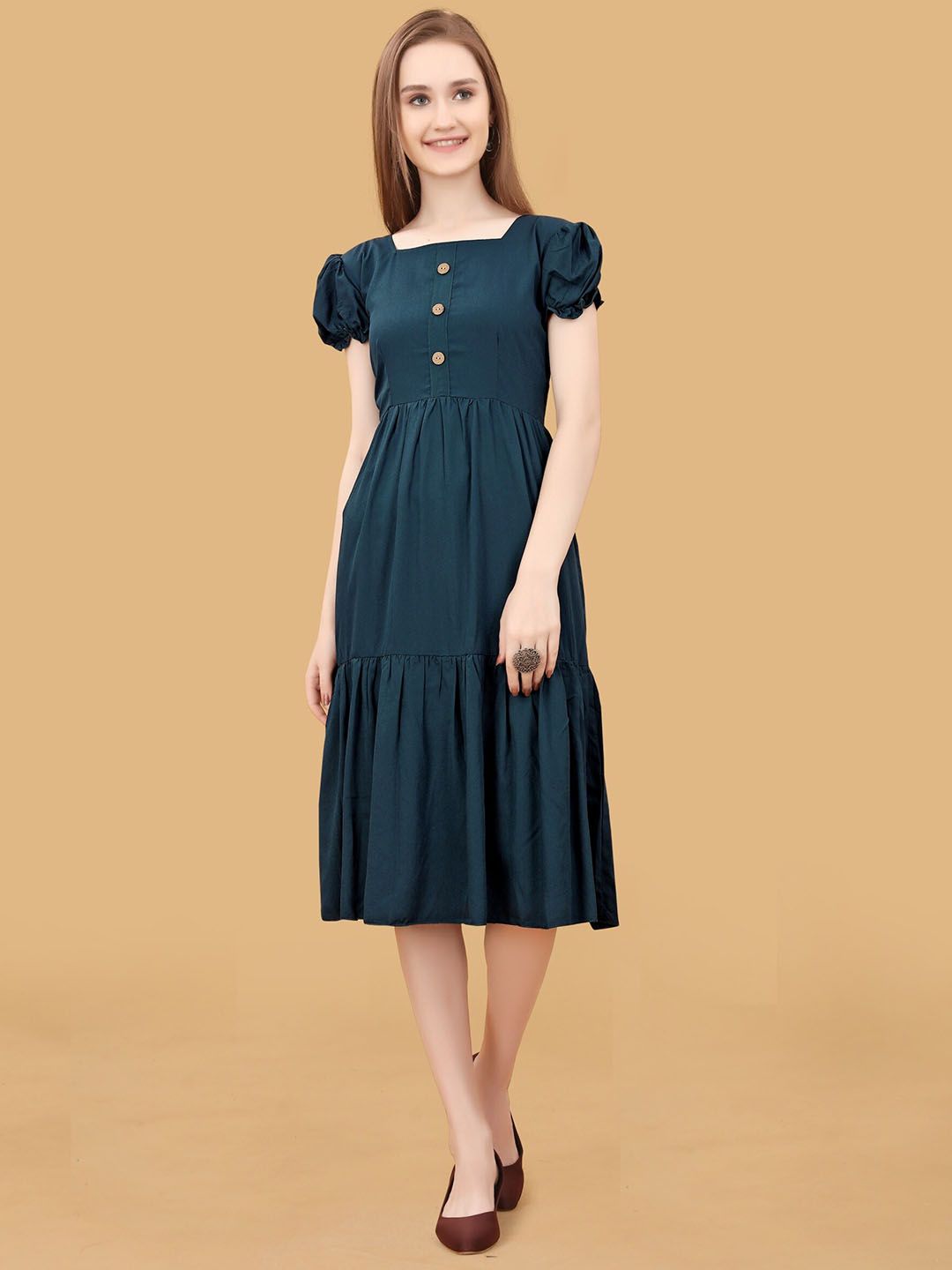 Femvy Puff Sleeve Fit & Flare Midi Dress Price in India