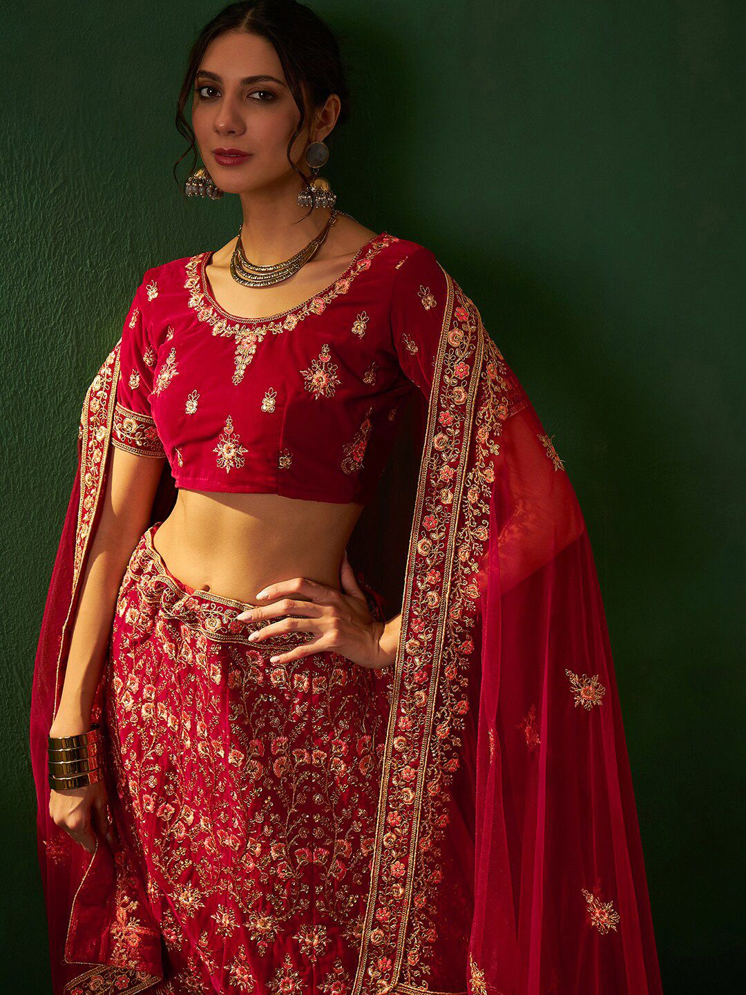 Sangria Zari Embroiderd Semi-Stitched Lehenga Choli
