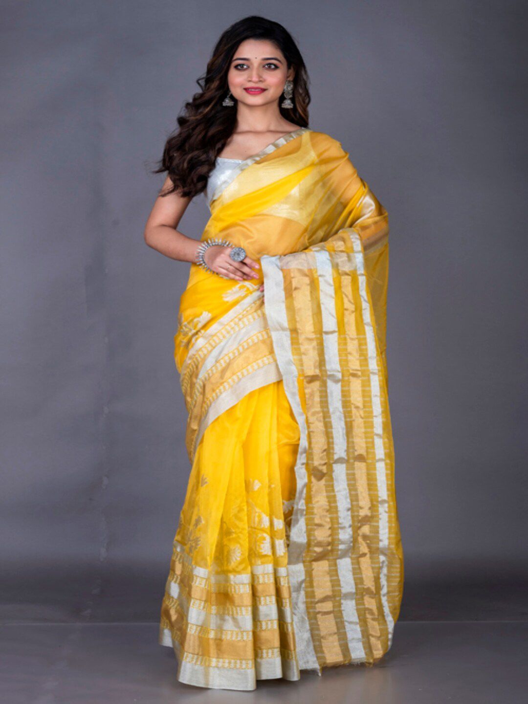 Morchari Yellow & Silver-Toned Woven Design Zari Pure Silk Banarasi Saree Price in India