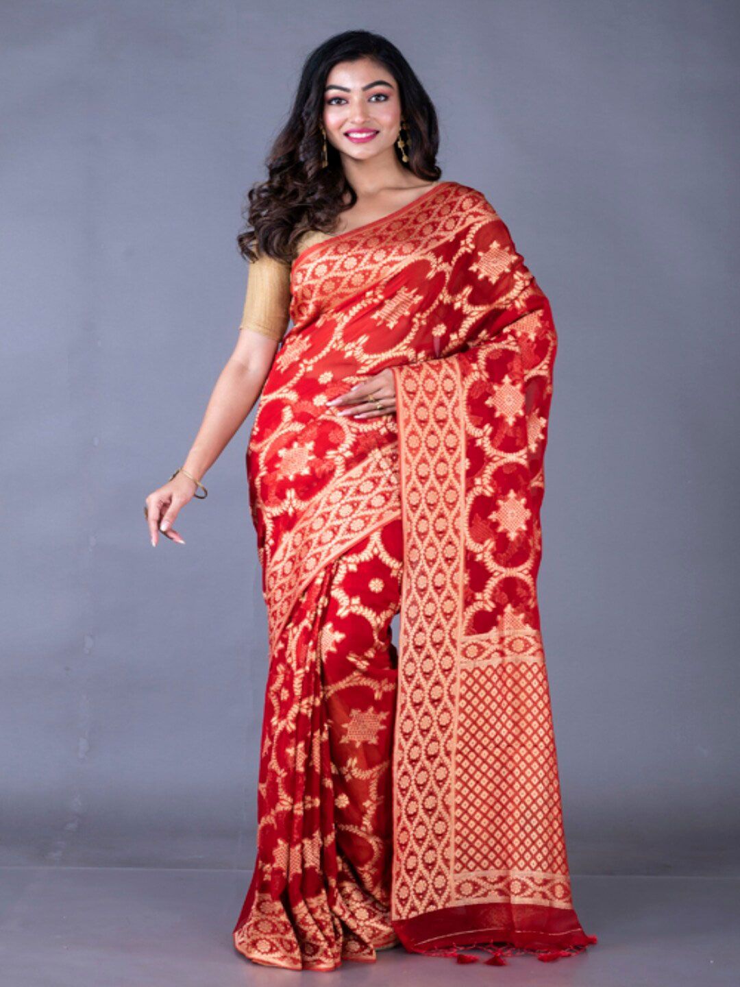 Morchari Ethnic Motifs Woven Design Zari Pure Georgette Banarasi Saree