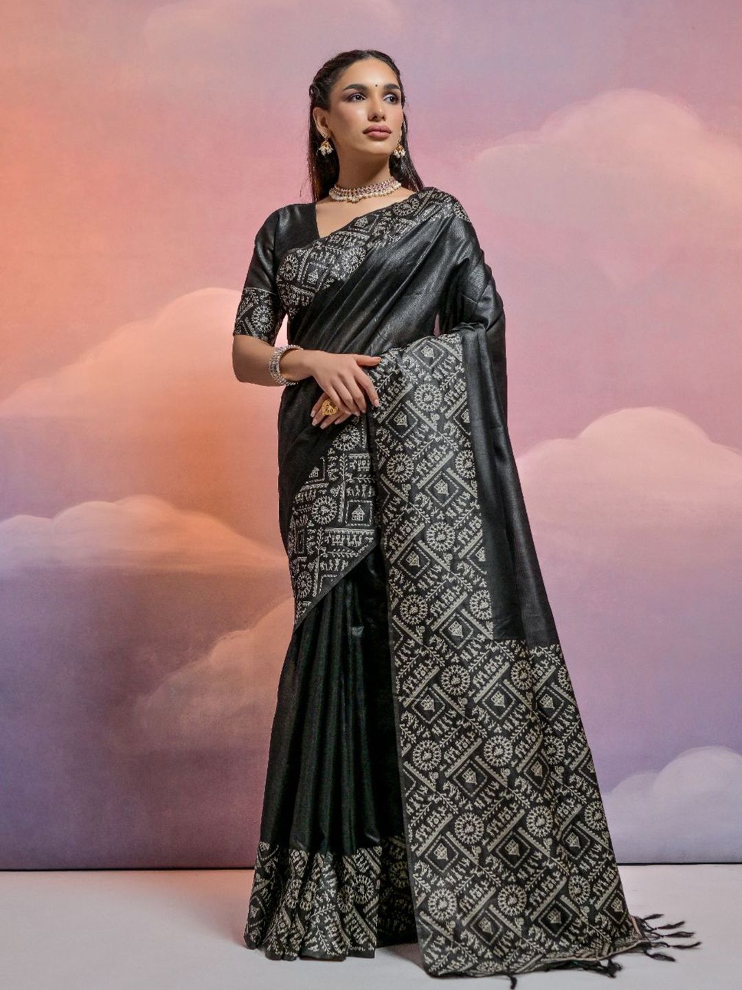VISHNU WEAVES Woven Design Warli Printed Bhagalpuri Saree With Tassels Price in India
