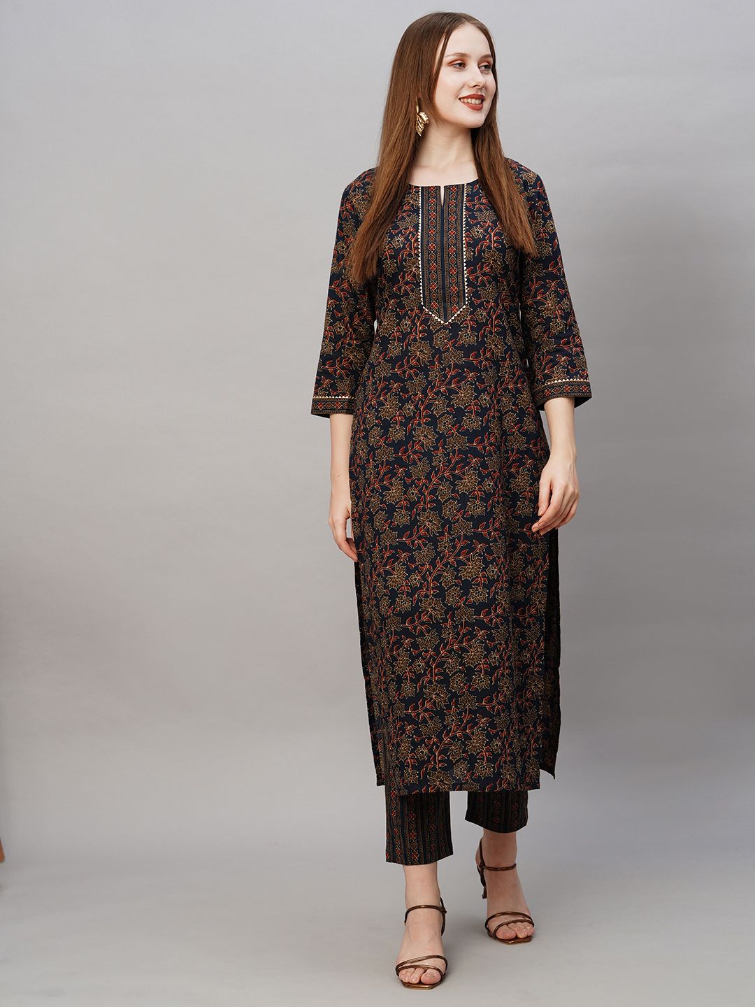 KALINI Floral Printed Gotta Patti Detail Straight Kurta with Trousers Price in India