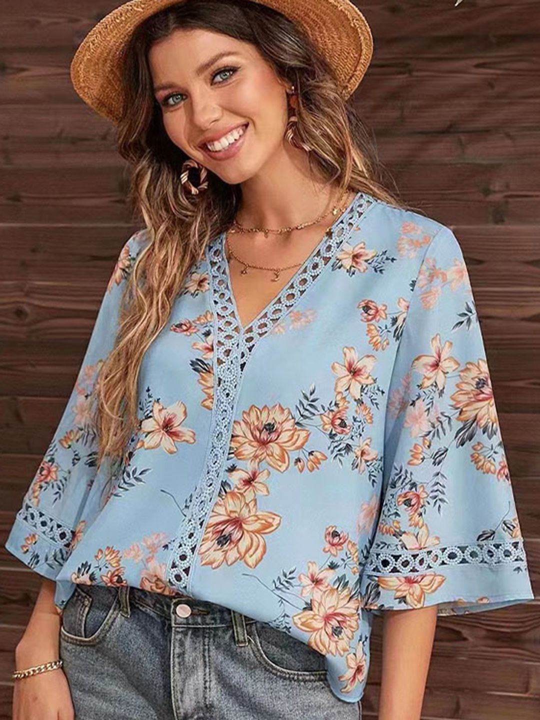 StyleCast Blue Floral Print V-Neck Flared Sleeves Regular Top Price in India