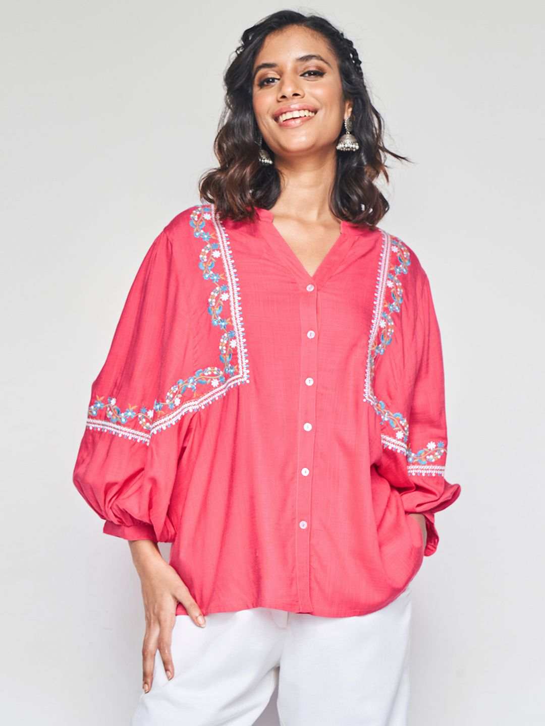 Global Desi Floral Embroidered Mandarin Collar Shirt Style Top Price in India
