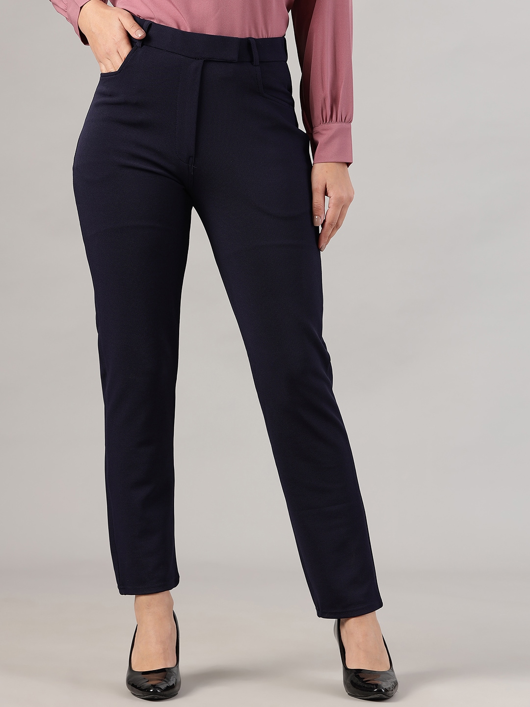 FITHUB Women Wrinkle Free Mid Rise Cotton Formal Trousers Price in India