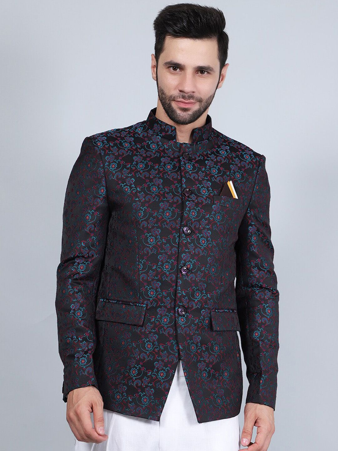 Wintage Floral Printed Mandarin Collar Satin Bandhgala Blazers