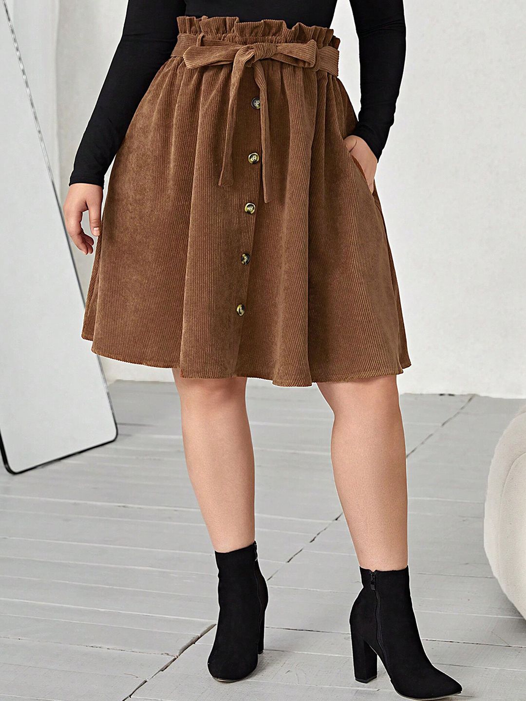 LULU & SKY Plus Size Mock Button Detail Above Knee A-Line Skirt