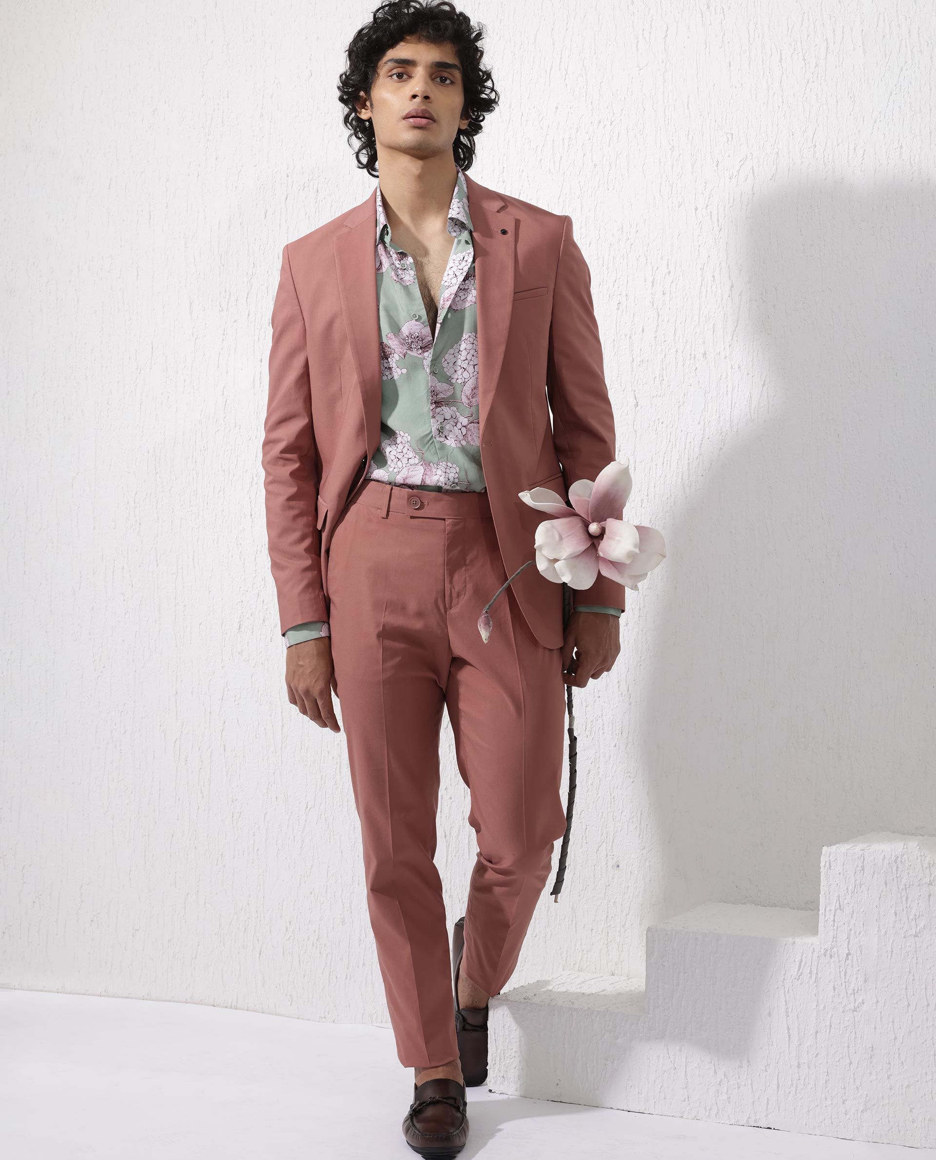 RARE RABBIT Men Pink Plain Full Sleeve Lapel Neck Tailored Fit Suits
