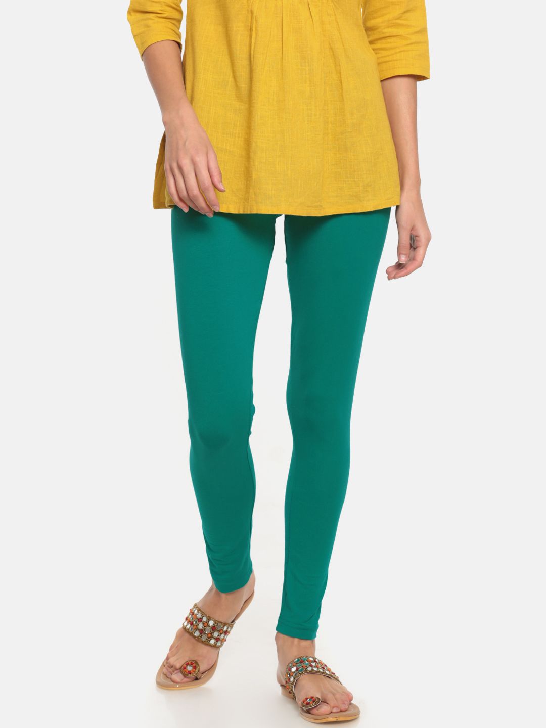 Go Colors Women Green Solid Ankle-Length Leggings Price in India