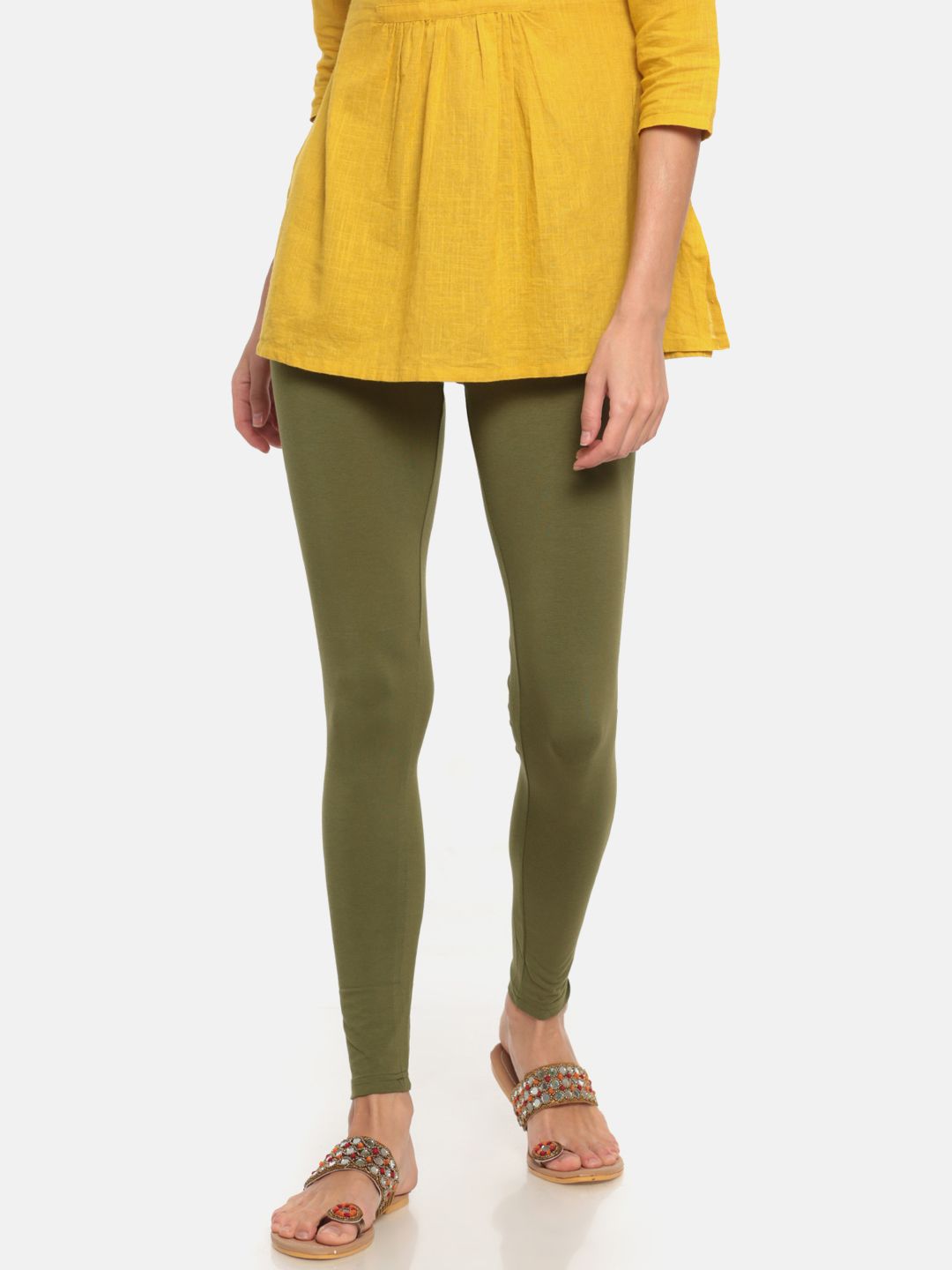 Go Colors Women Olive Green Solid Ankle-Length Leggings Price in India
