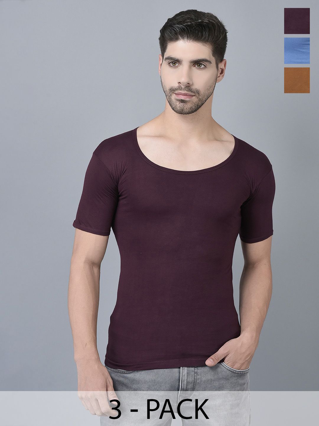 Dollar Lehar Men Combed Cotton Round Neck With Sleeve Vest -Pack of 3- Assorted