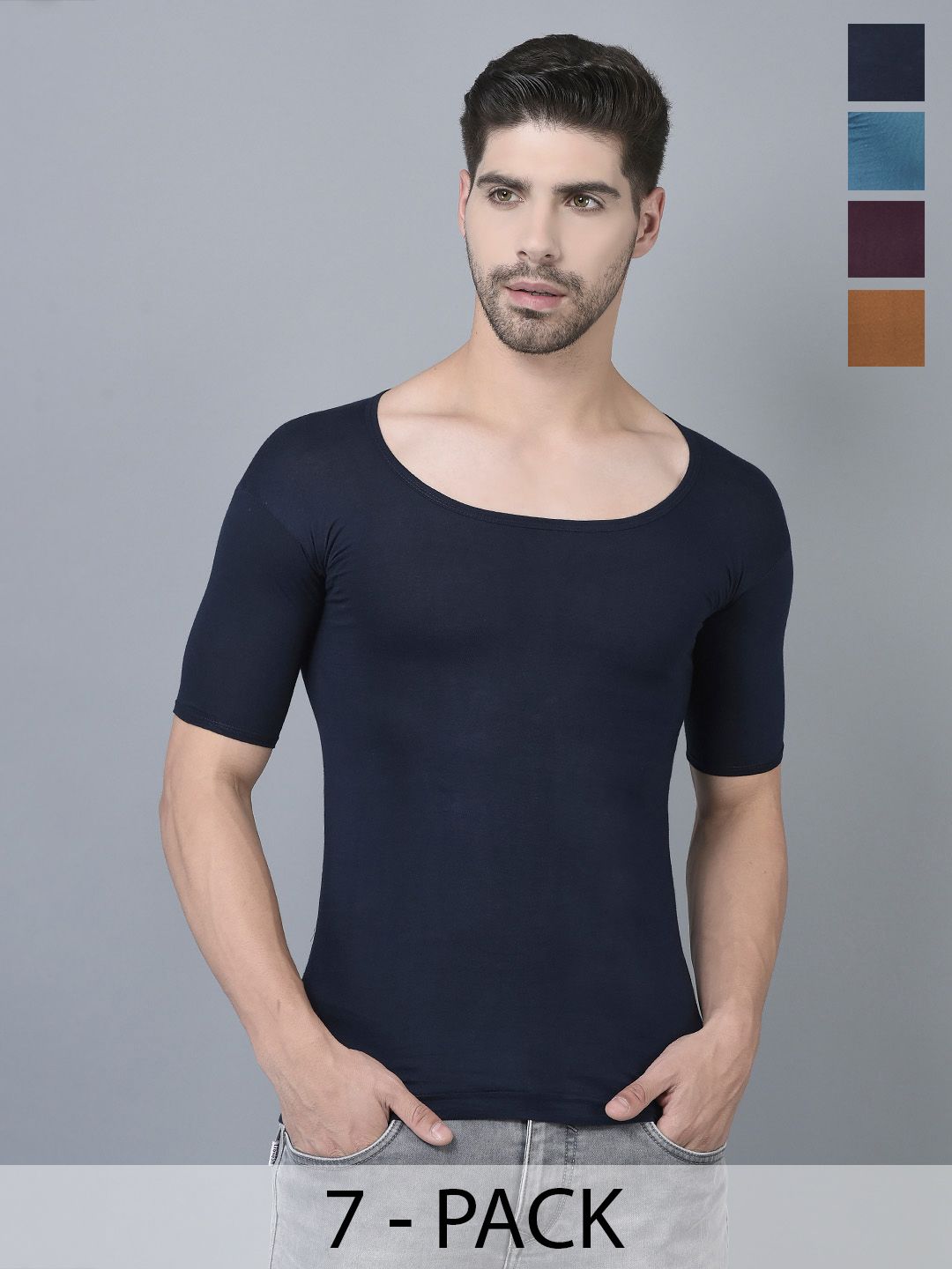 Dollar Lehar Men Combed Cotton Round Neck With Sleeve Vest -Pack of 7- Assorted