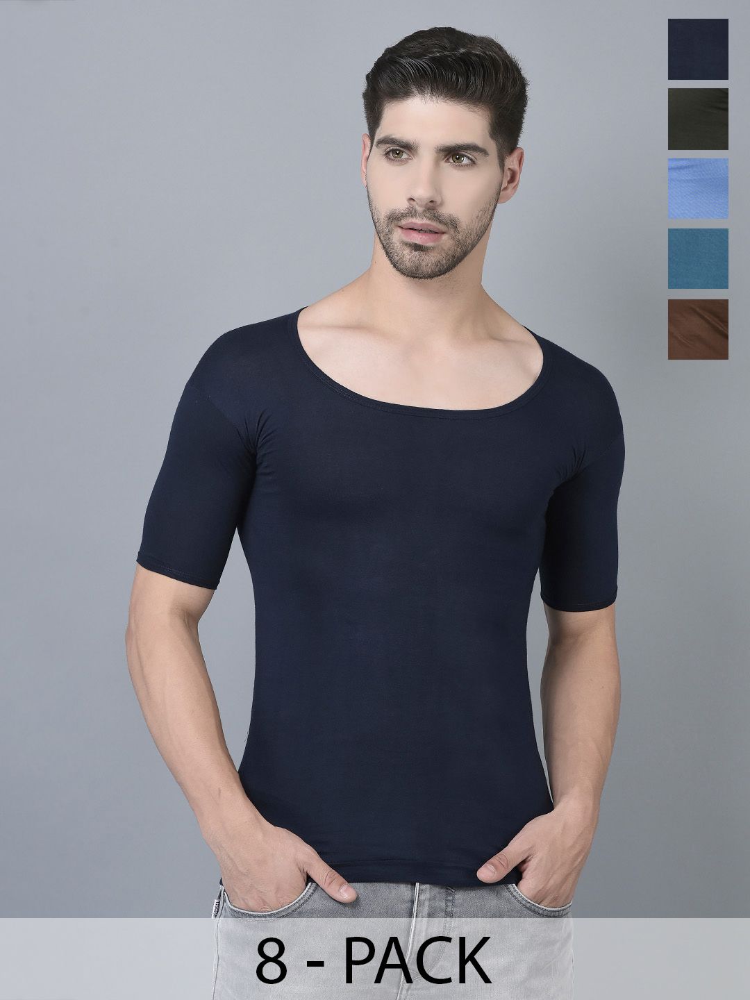 Dollar Lehar Men Combed Cotton Round Neck With Sleeve Vest -Pack of 8- Assorted