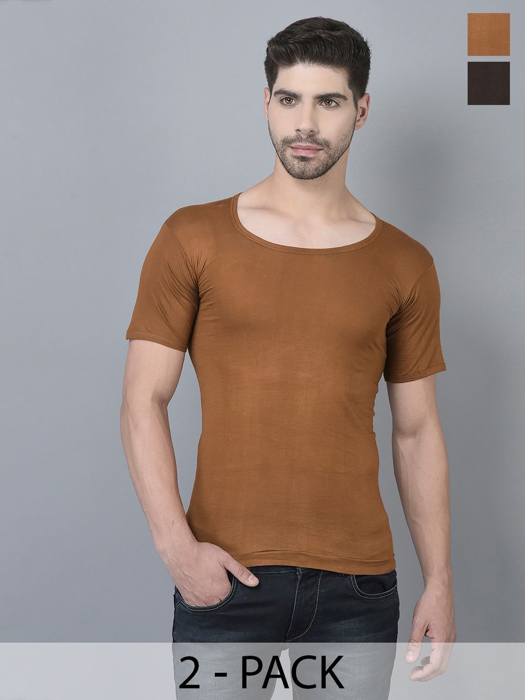Dollar Lehar Men Combed Cotton Round Neck With Sleeve Vest -Pack of 2- Assorted