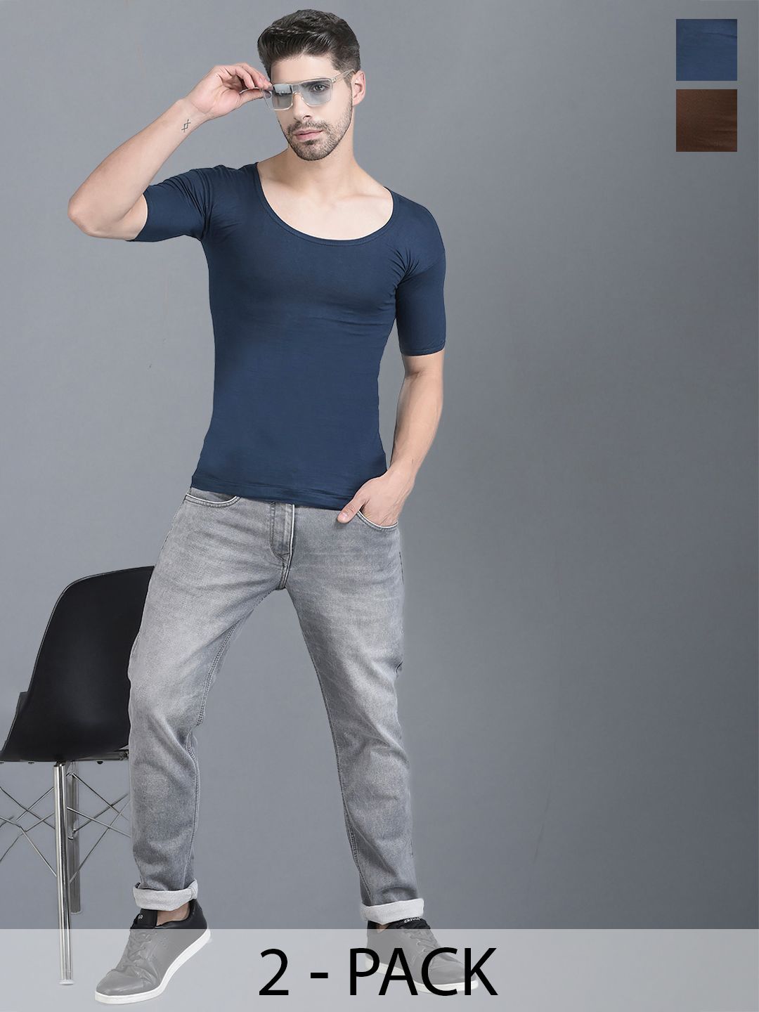 Dollar Lehar Men Combed Cotton Round Neck With Sleeve Vest -Pack of 2- Assorted