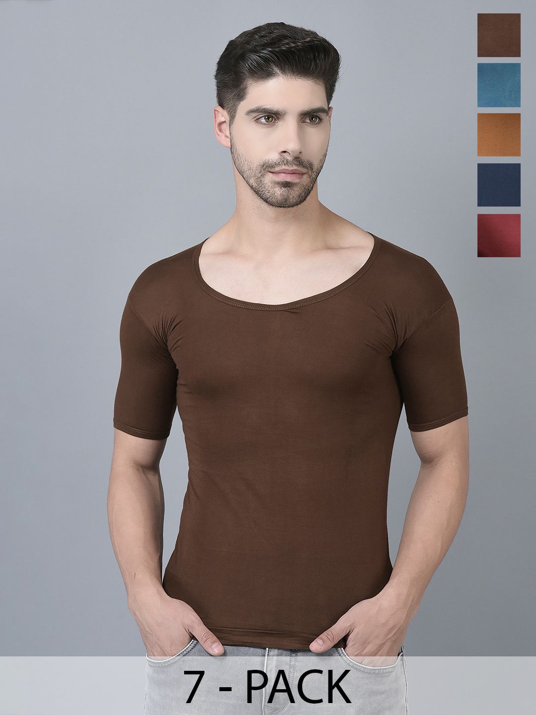 Dollar Lehar Men Combed Cotton Round Neck With Sleeve Vest -Pack of 7- Assorted