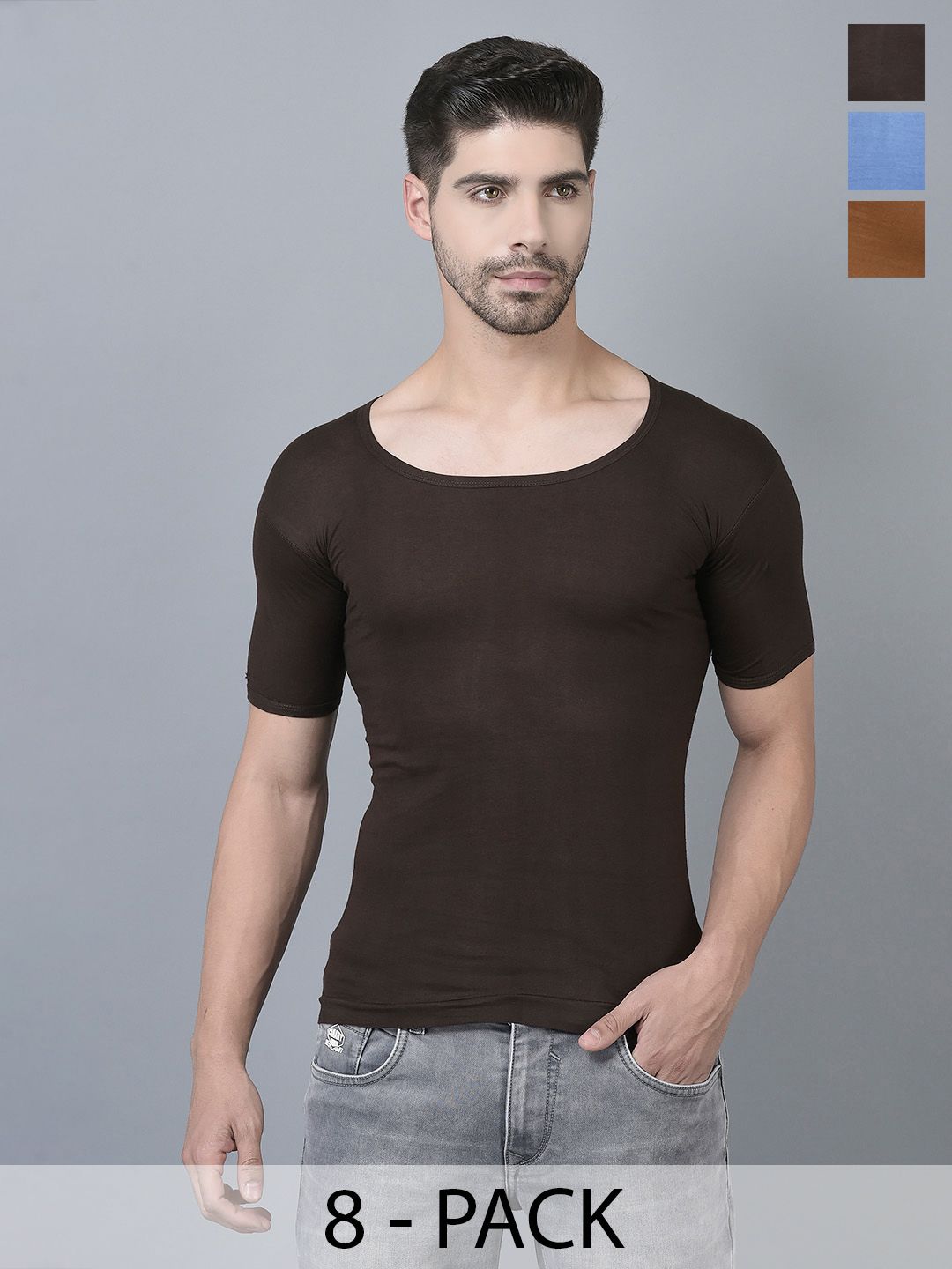 Dollar Lehar Men Combed Cotton Round Neck With Sleeve Vest -Pack of 8- Assorted
