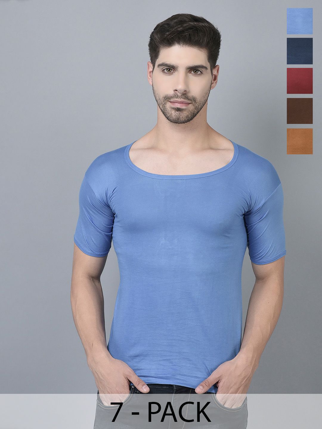 Dollar Lehar Men Combed Cotton Round Neck With Sleeve Vest -Pack of 7- Assorted