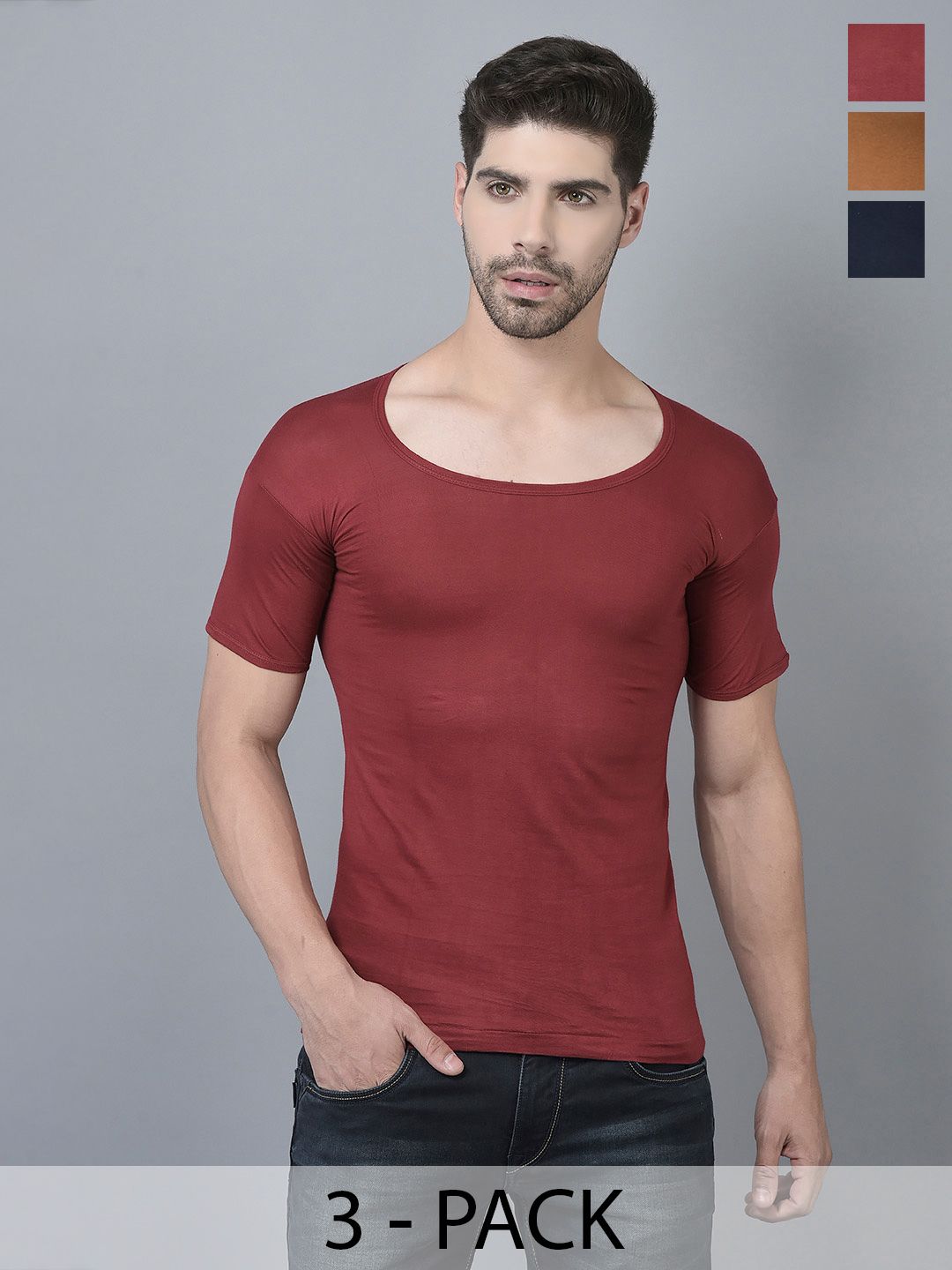 Dollar Lehar Men Combed Cotton Round Neck With Sleeve Vest -Pack of 3- Assorted