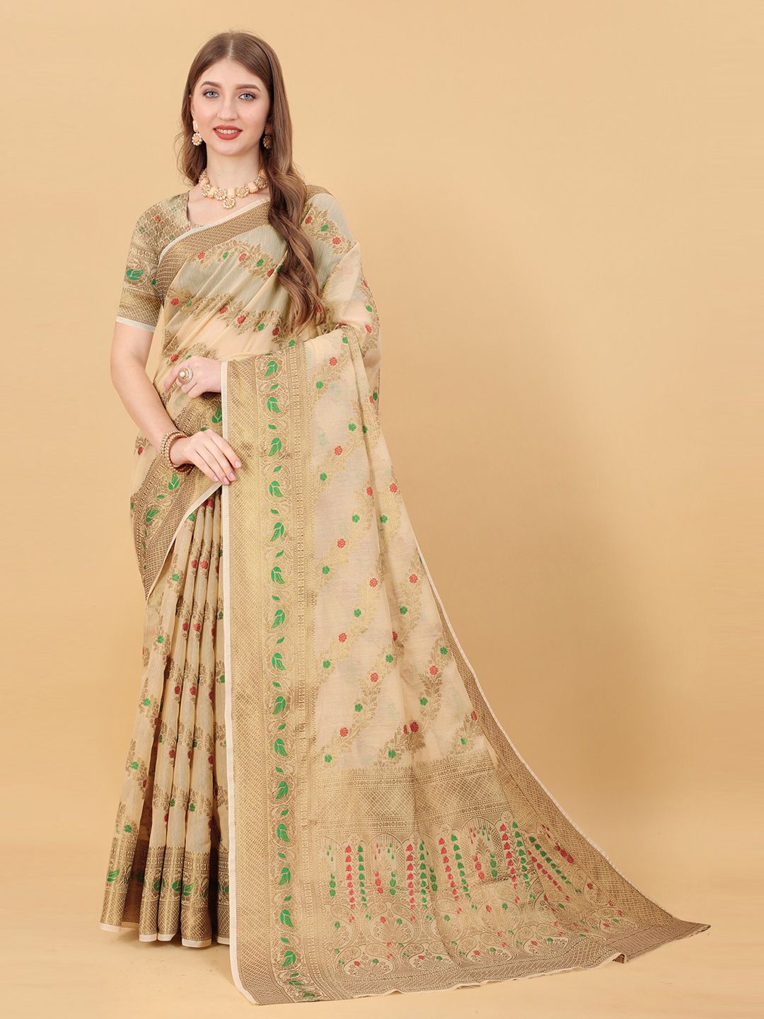 OFLINE SELECTION Cream-Coloured & Gold-Toned Woven Design Zari Silk Cotton Banarasi Saree