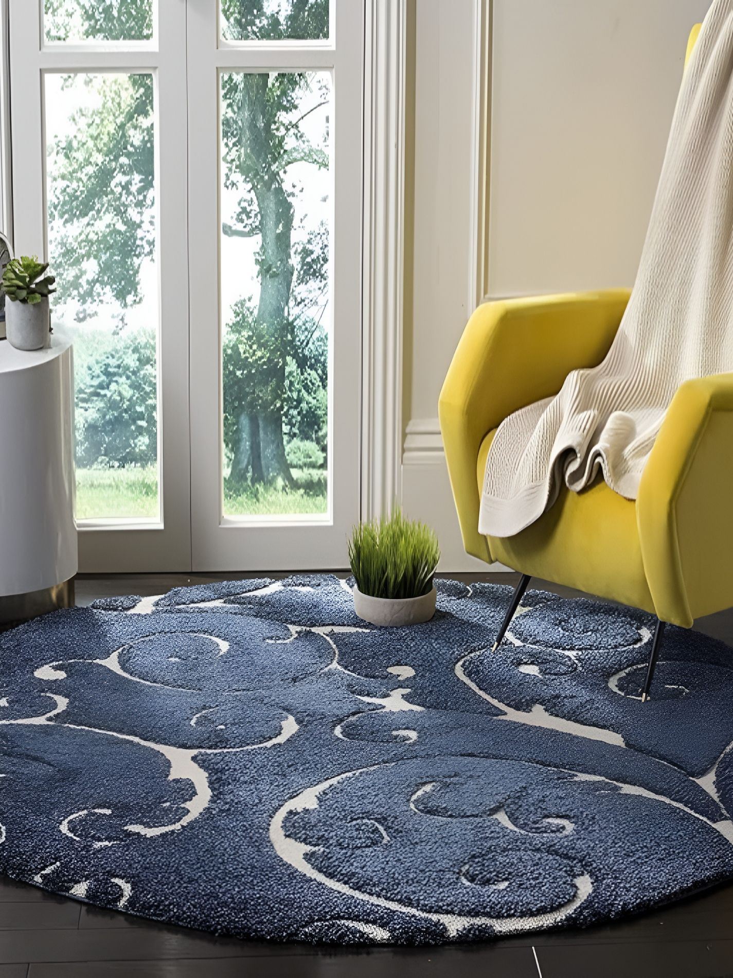 Shopgallery Shopgallery Navy Blue & White Floral Anti Skid Shaggy Carpet