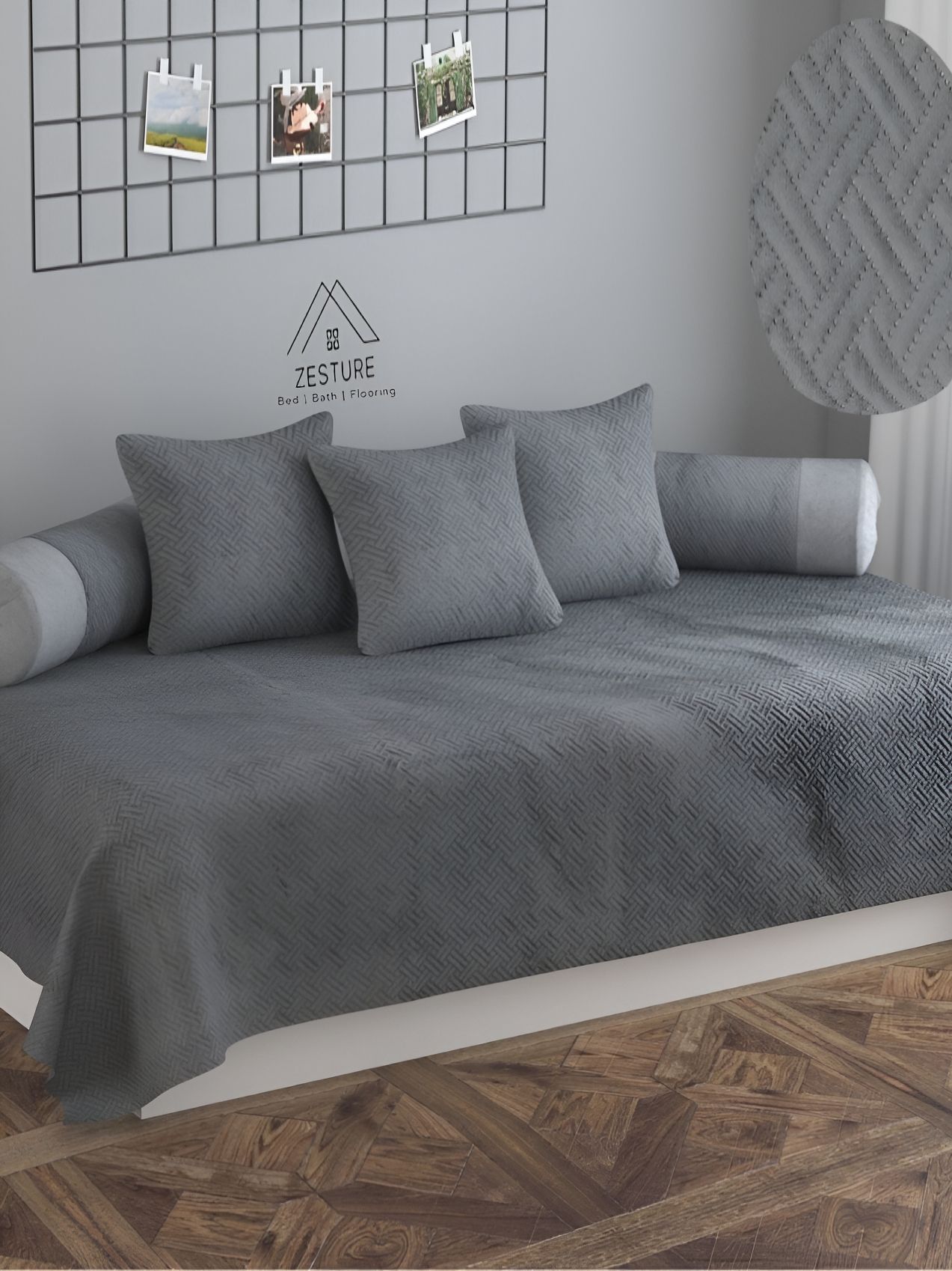ZESTURE Grey 6 Pieces Self Design Single Diwan Set